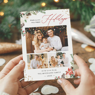Rustic Winter Botanical Floral Script 3 Photo Holiday Card