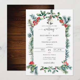 Rustic Winter Botanical Frame Green Red Wedding Invitation
