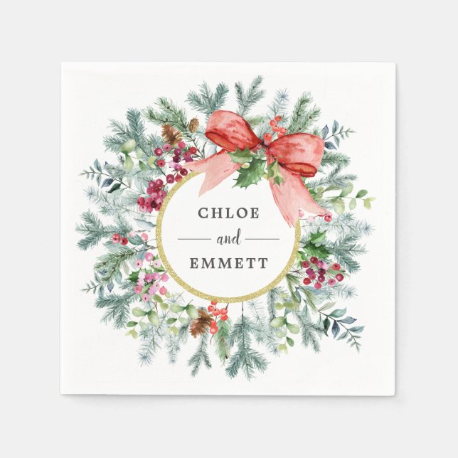 Rustic Winter Botanical Greenery Red Bow Wedding Napkin (Front)