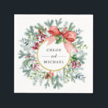Rustic Winter Botanical Greenery Red Bow Wedding Napkin<br><div class="desc">Hello! This rustic chic design features pine and holly springs with red berries nestled around a round gold frame. A modern red string bow is nestled in holly and red berries in the lower right. Beautiful for a wedding reception or holiday party. Message me (I'm Nelda) if you would like...</div>