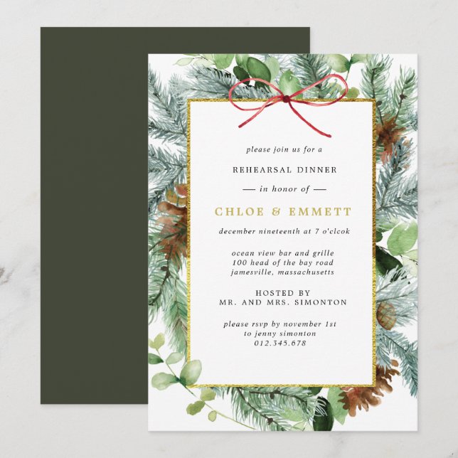 Rustic Winter Botanical Pine Rehearsal Dinner Invitation (Front/Back)