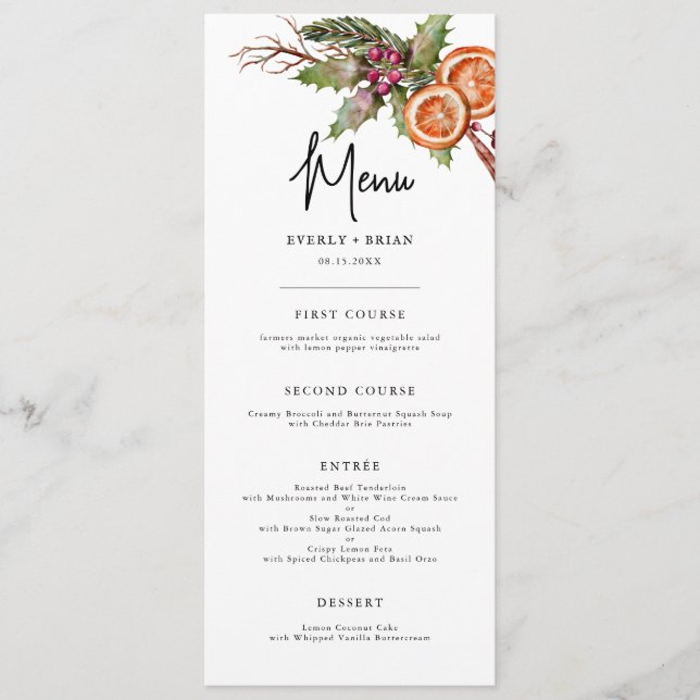Rustic Winter Botanical Wedding Menu (Front)