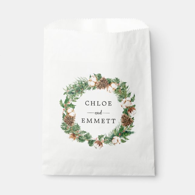 Rustic Winter Botanical Wreath Custom Wedding Favour Bag (Front)