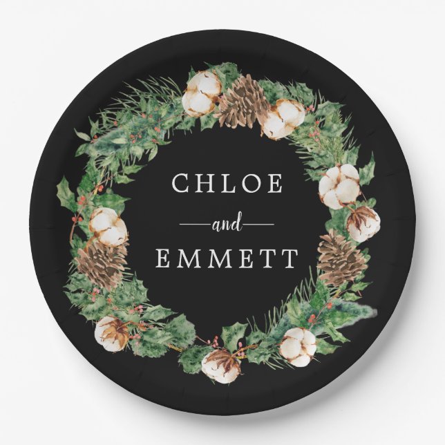 Rustic Winter Botanical Wreath Custom Wedding Paper Plate (Front)