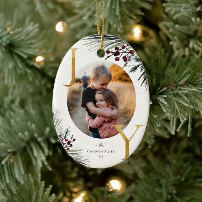 Rustic Winter Boughs Golden Joy Photo Ceramic Ornament (Tree)