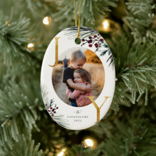 Rustic Winter Boughs Golden Joy Photo Ceramic Ornament