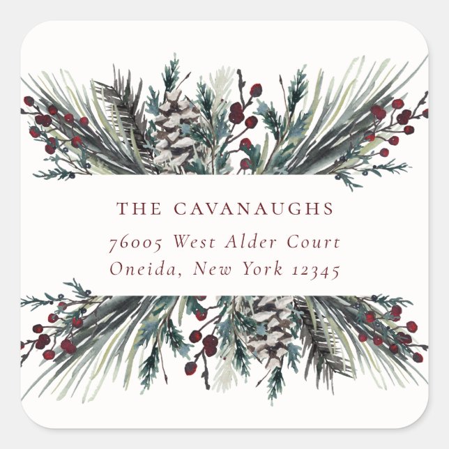 Rustic Winter Boughs Holiday Address Square Sticker (Front)