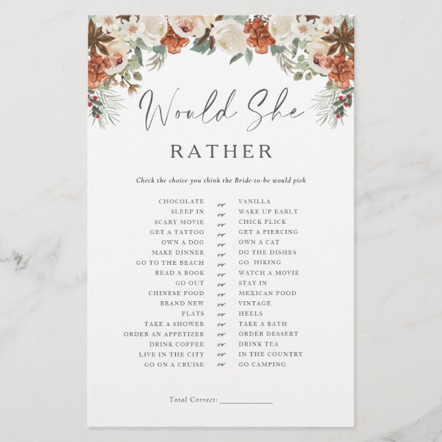 Rustic Winter Bridal Shower Game Would She Rather (Front)