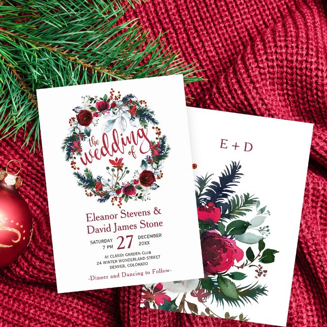 Rustic winter burgundy floral wreath wedding invitation (Creator Uploaded)