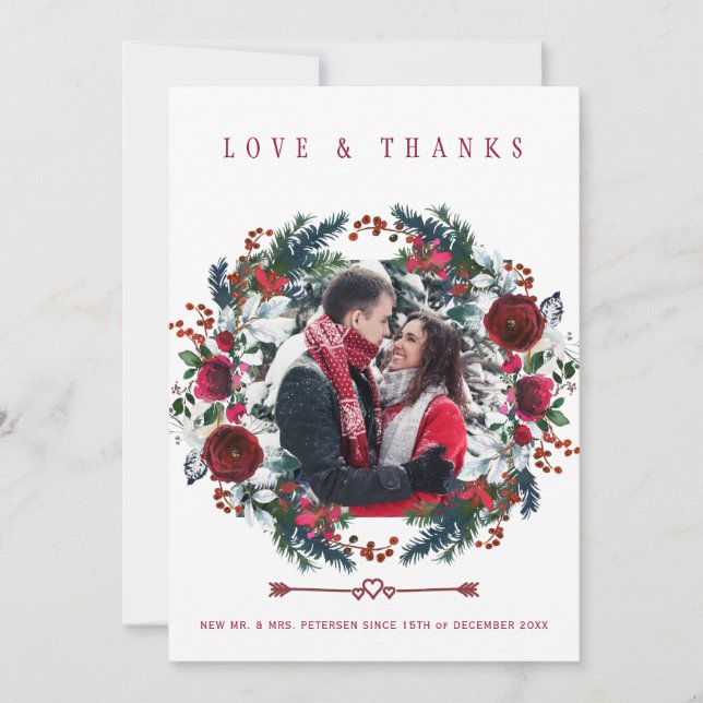 Rustic Winter Burgundy Roses Wedding Thank You Card (Front)