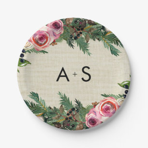 Rustic Winter Burlap Pine Rose Wedding Monogram Paper Plate