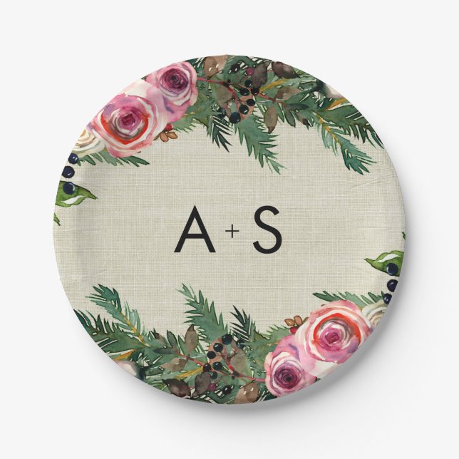 Rustic Winter Burlap Pine Rose Wedding Monogram Paper Plate (Front)