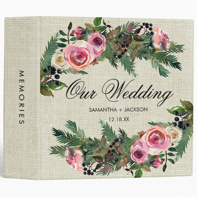 Rustic Winter Burlap Pine Rose Wedding Photo Album Binder (Front/Spine)