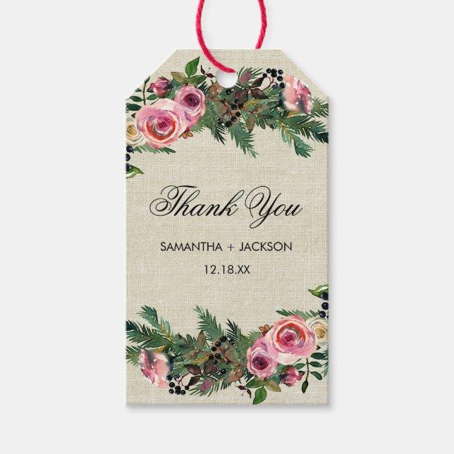 Rustic Winter Burlap Pine Rose Wedding Thank You Gift Tags (Front)