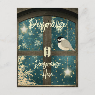 Rustic winter cabin window star snowflake bird enclosure card