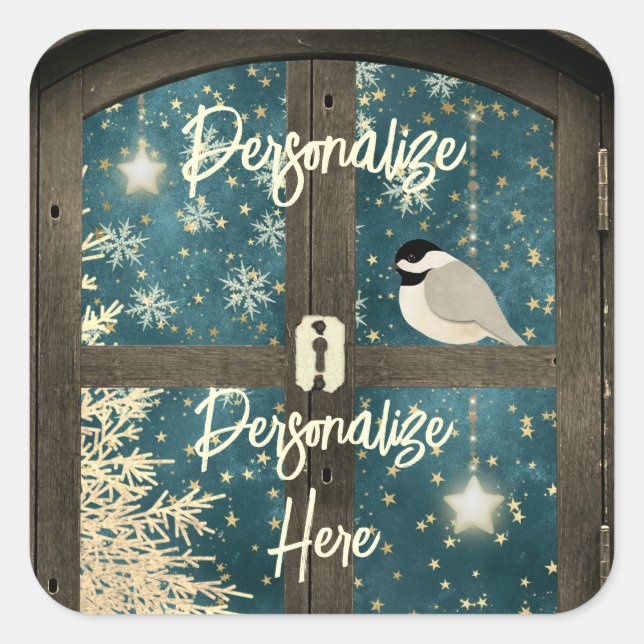 Rustic winter cabin window star snowflake bird square sticker (Front)