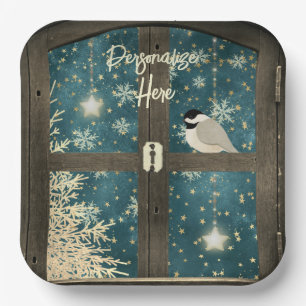 Rustic winter cabin window stars, snowflakes bird paper plate