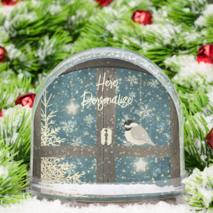 Rustic winter cabin window stars, snowflakes bird snowglobe