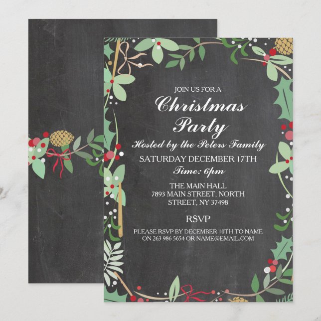 Rustic Winter Chalk Foliage Christmas Party Invite (Front/Back)
