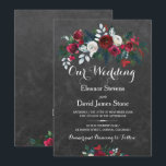Rustic winter chalkboard burgundy floral wedding invitation<br><div class="desc">Floral bouquet of red burgundy and white peony roses with pine green fir branches and foliage wedding invitation template on a dark grey charcoal chalkboard background with a fancy modern contemporary changeable script text.  -------- The invitation is ideal for winter floral / Christmas weddings.</div>