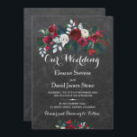 Rustic winter chalkboard burgundy floral wedding invitation<br><div class="desc">Floral bouquet of red burgundy and white peony roses with pine green fir branches and foliage wedding invitation template on a dark grey charcoal chalkboard background with a fancy modern contemporary changeable script text.  -------- The invitation is ideal for winter floral / Christmas weddings.</div>