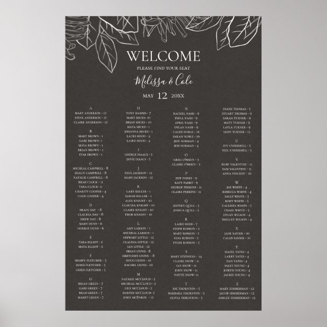 Rustic Winter Charcoal Alphabetical Seating Chart (Front)