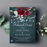 Rustic winter chic floral wedding rehearsal dinner invitation<br><div class="desc">Rustic elegant winter wedding rehearsl dinner stylish invitation template on a dark midnight blue chalkboard featuring a beautiful dark red burgundy and white peonies bouquet with hunter green foliage, strings of white twinkle lights, and a chic typography script. Easy to personalize with your details! The invitation is suitable for elegant...</div>