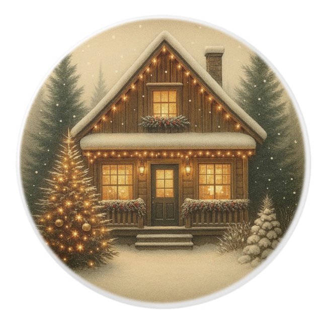 Rustic, winter/Christmas cabin Ceramic Knob (Front)
