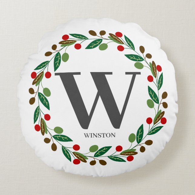 Rustic Winter Christmas Monogram Initial Wreath Round Pillow (Front)