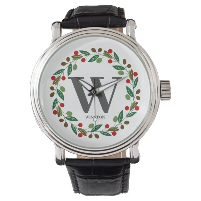 Rustic Winter Christmas Monogram Initial Wreath Watch (Front)