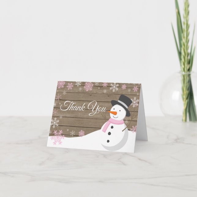 Rustic Winter Christmas Snowman Pink Thank You Card (Front)