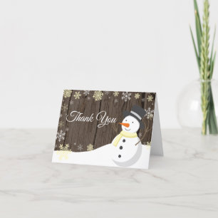 Rustic Winter Christmas Snowman Yellow Thank You Card