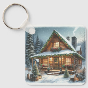 Rustic Winter/Christmas snowy cabin Keychain