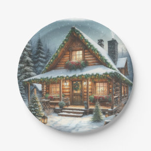 Rustic Winter/Christmas snowy cabin Paper Plate