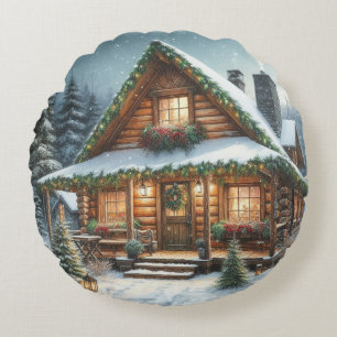 Rustic Winter/Christmas snowy cabin Round Pillow