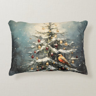 Rustic Winter Christmas Tree Snowy Red Birds Accent Pillow