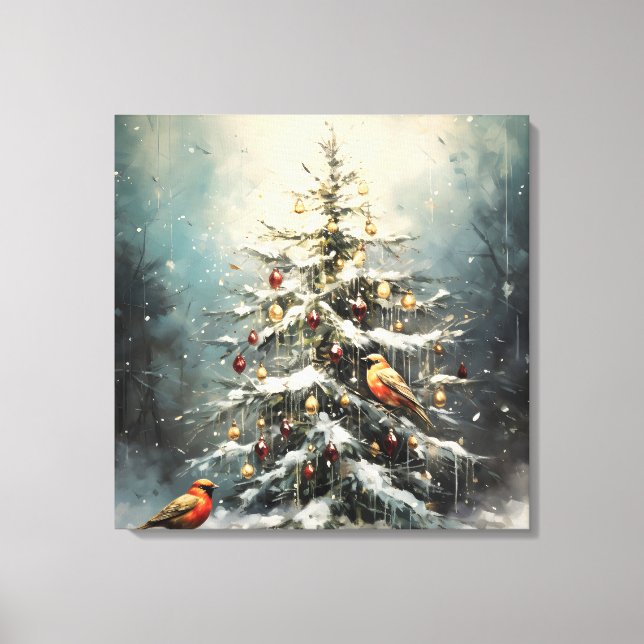 Rustic Winter Christmas Tree Snowy Red Birds  Canvas Print (Front)