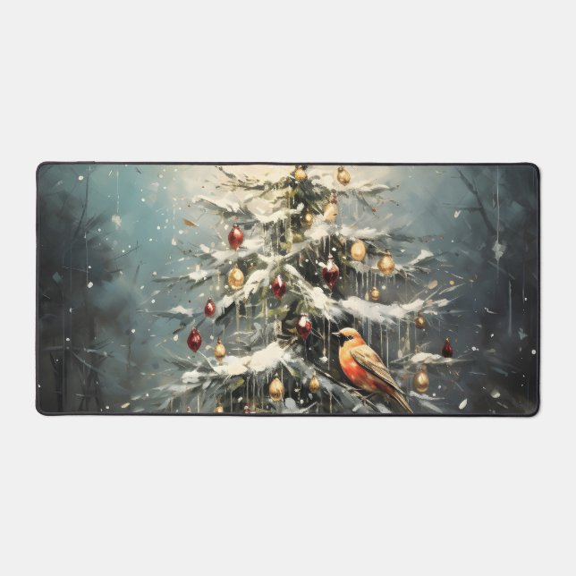 Rustic Winter Christmas Tree Snowy Red Birds  Desk Mat (Front)
