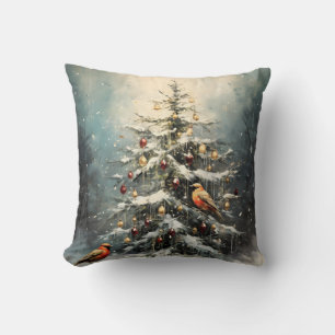 Rustic Winter Christmas Tree Snowy Red Birds Throw Pillow