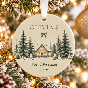 Rustic Winter Cottage First Christmas Keepsake Ornament