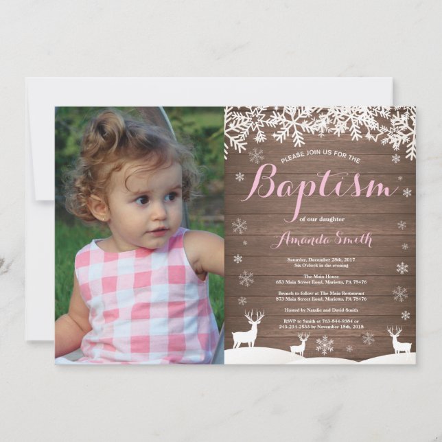 Rustic Winter Deer Baptême Girl Photo Invitation (Devant)