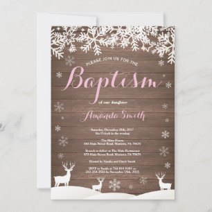 Rustic Winter Deer Girl Baptism Invitation