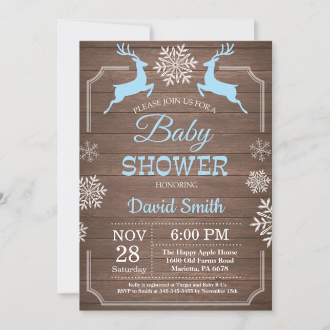 Rustic Winter Deer Snowflake Boy Baby Shower Invitation (Front)