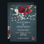 Rustic winter elegant floral Christmas wedding Invitation<br><div class="desc">Rustic winter seasonal wedding invitation template on a dark navy blue chalkboard featuring a beautiful rdark red burgundy and white peony roses bouquet with hunter pine green foliage, strings of white twinkle lights and a chic typography script. Easy to personalize with your details! The invitation is suitable for elegant winter...</div>