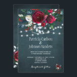 Rustic winter elegant floral Christmas wedding Invitation<br><div class="desc">Rustic winter seasonal wedding invitation template on a dark navy blue chalkboard featuring a beautiful rdark red burgundy and white peony roses bouquet with hunter pine green foliage, strings of white twinkle lights and a chic typography script. Easy to personalize with your details! The invitation is suitable for elegant winter...</div>
