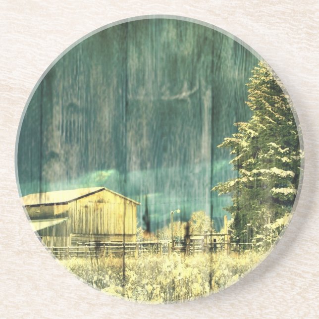 Rustic winter evergreen old barnwood cottage cabin coaster (Front)