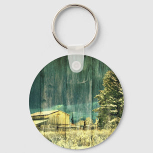 Rustic winter evergreen old barnwood cottage cabin keychain