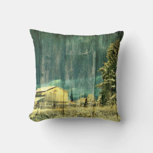Rustic winter evergreen old barnwood cottage cabin throw pillow