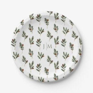 Rustic Winter Fir Branches with Pinecones Wedding  Paper Plate