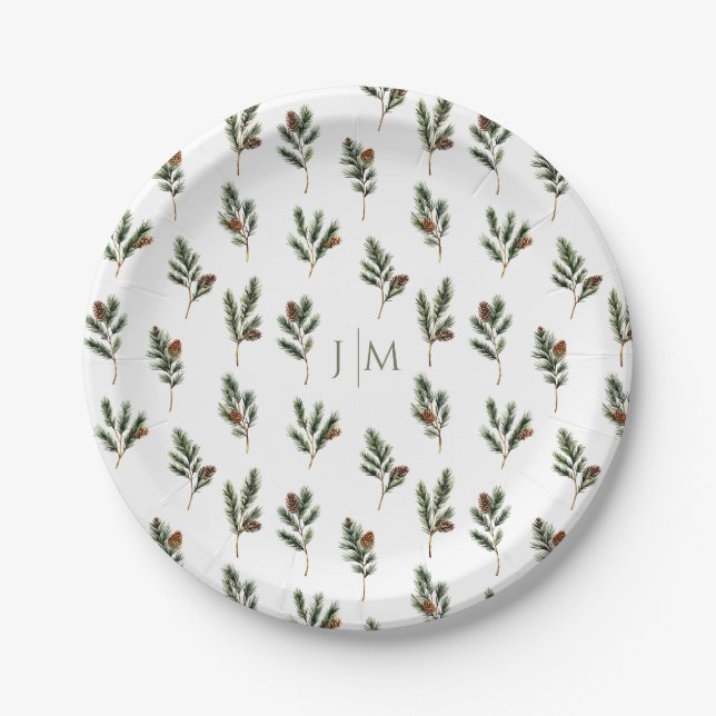 Rustic Winter Fir Branches with Pinecones Wedding  Paper Plate (Front)